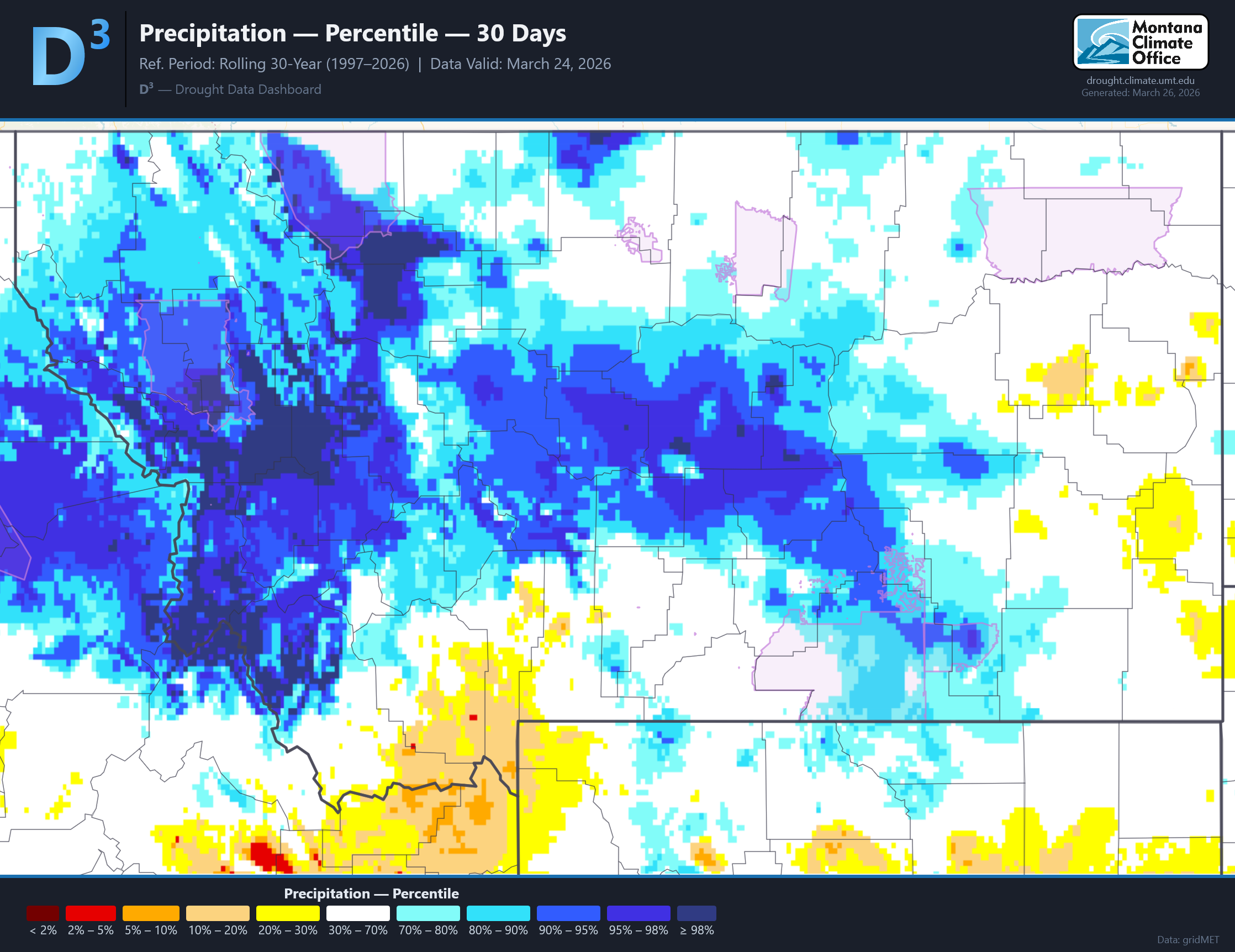 Precipitation Percentiles of Montana over the month of March. **Reference period:** Anomalies are calculated relative to a rolling 30-year baseline (1997–2026), which tracks the contemporary climate.